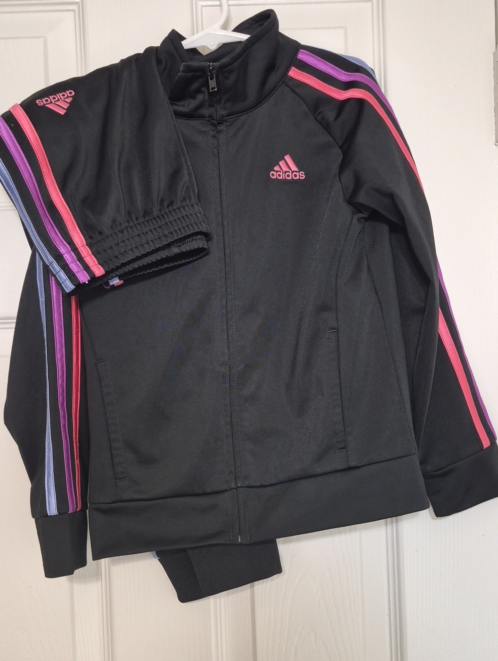 adidas Black Kids Track Jacket with Pink & Purple Stripe Details